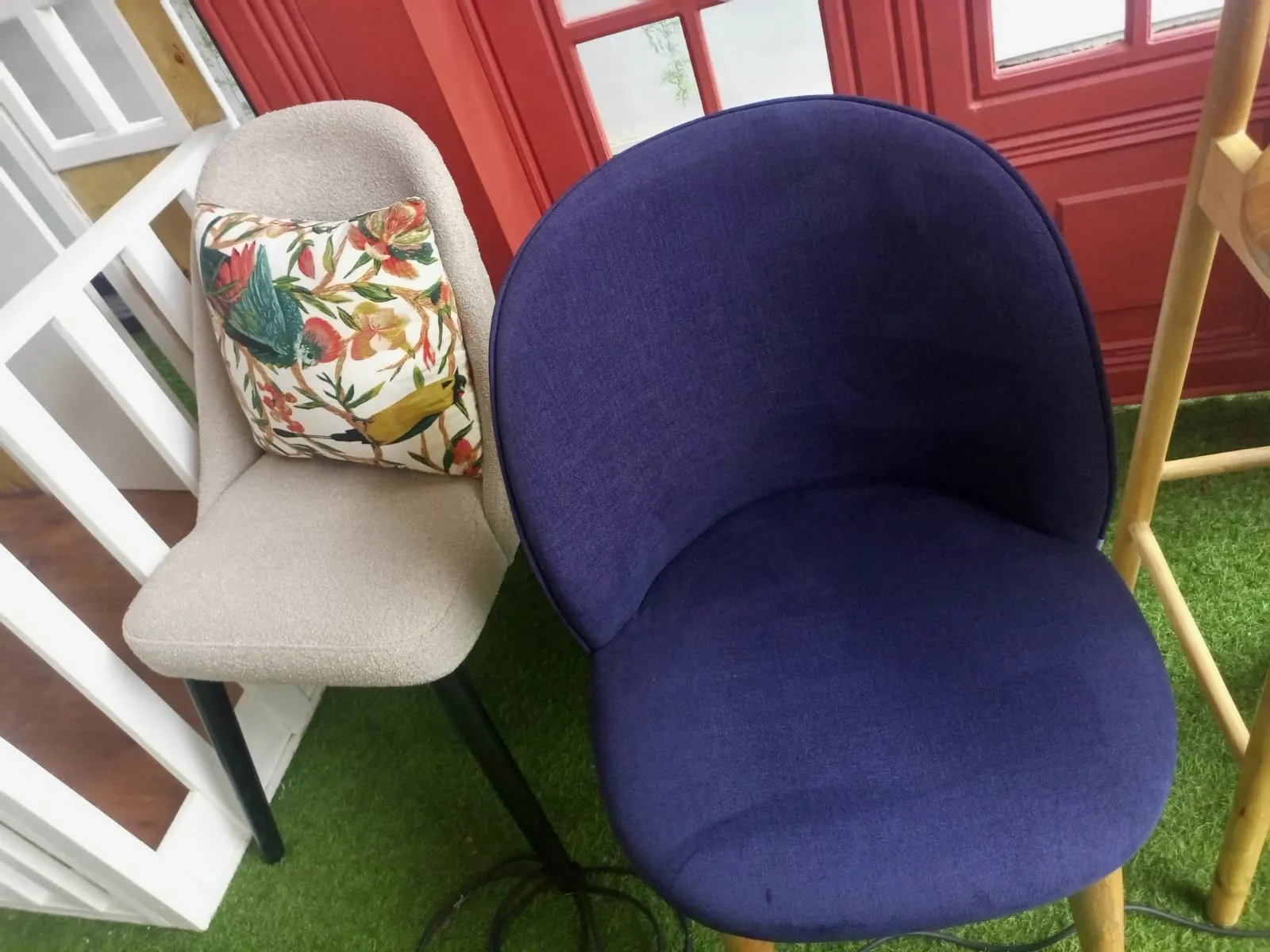 Blue and patterned upholstered chairs