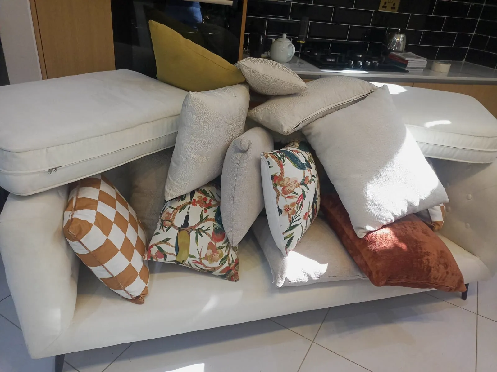 Sofa seat cushions and decorative pillows