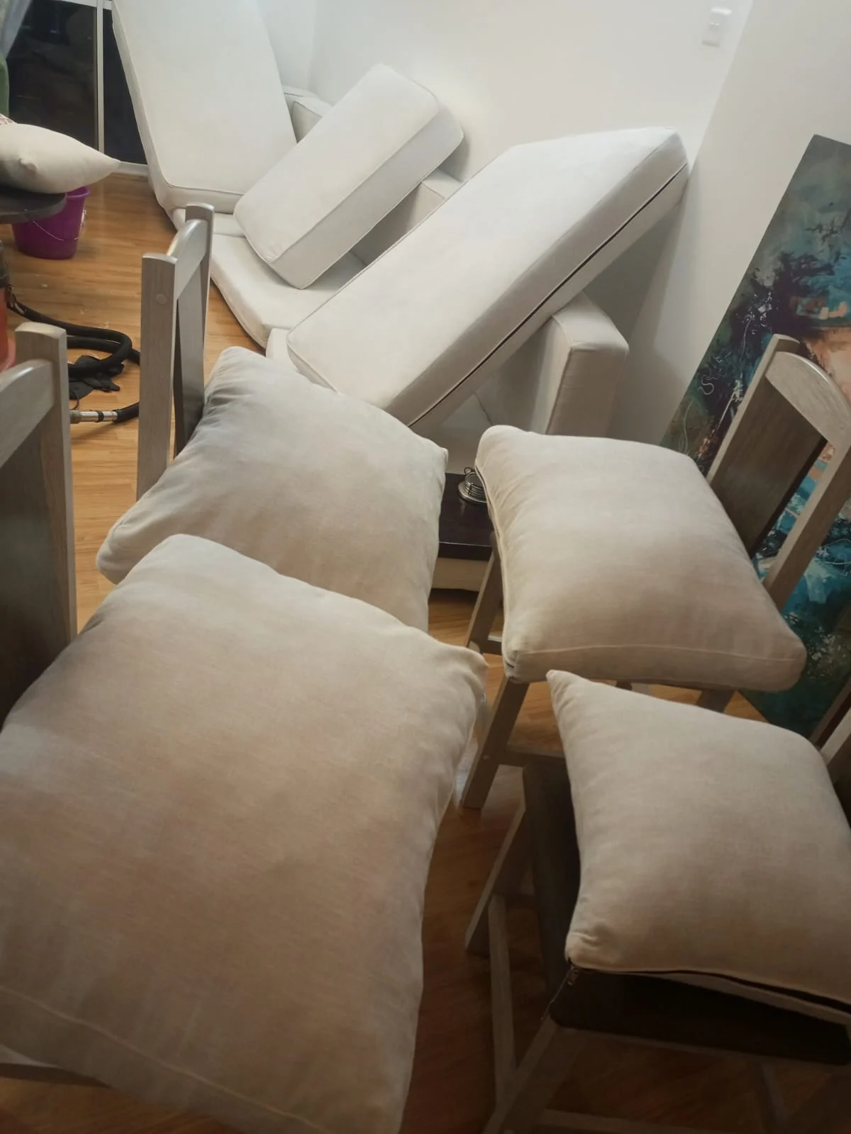 Sofa cushions and upholstered chairs inside a room
